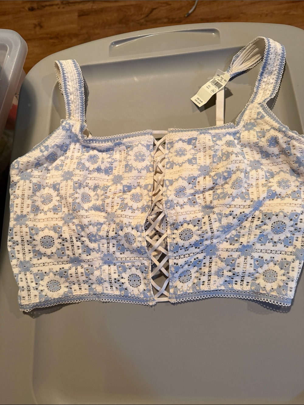 aerie White and Light Blue Lace-Up Cropped Camisole